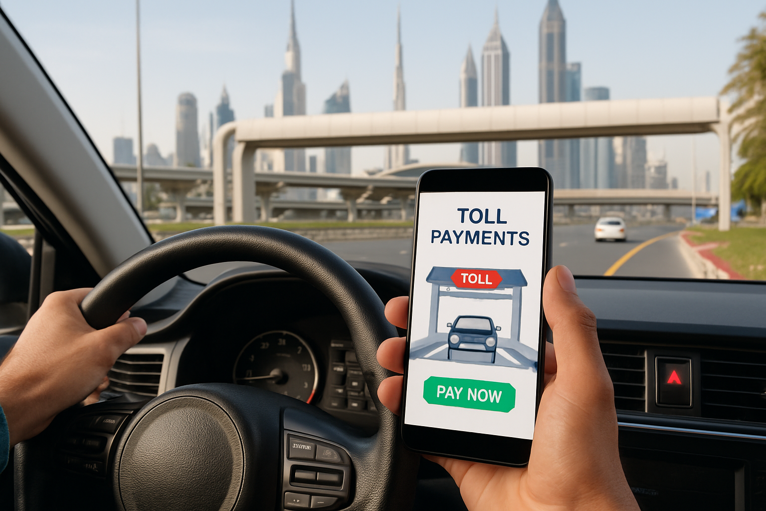 Driver using mobile app to manage toll payments in Dubai