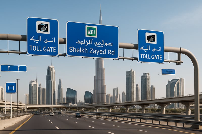 Dubai skyline with toll road signs and modern highways