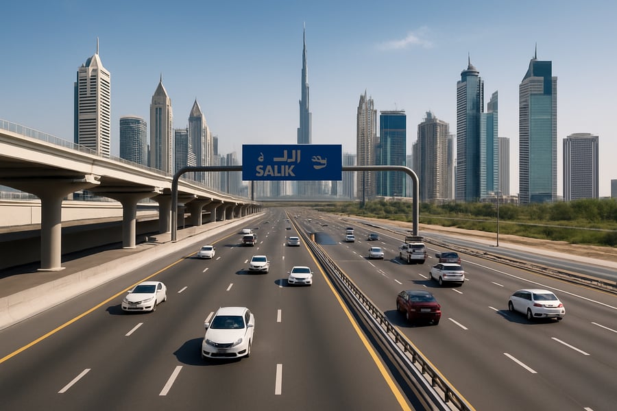 Dubai toll road with smooth traffic and city skyline