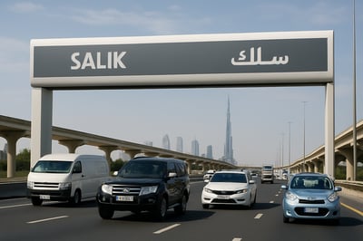 Dubai toll road with vehicles passing through a Salik gate